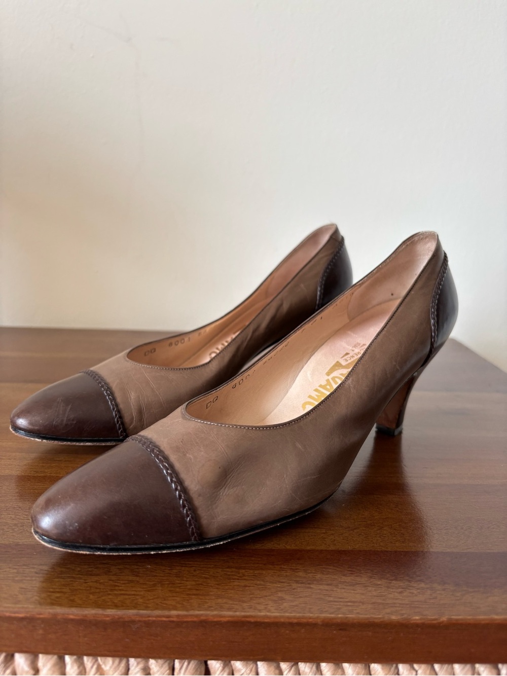Salvatore Ferragamo Two-Tone Brown Leather Pumps